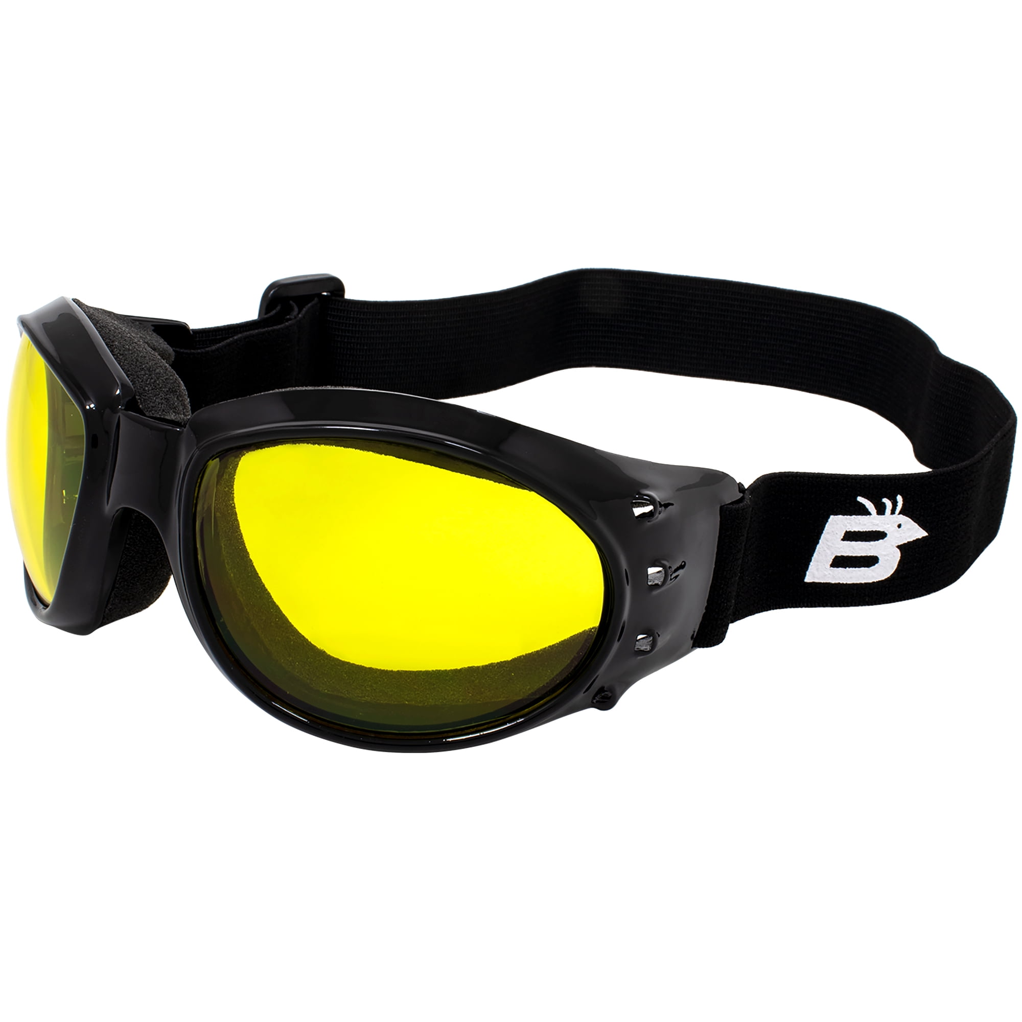 Birdz Eyewear Bald Eagle Padded Motorcycle Riding Safety Goggles Black  Frame w/ Yellow Lens Supreme for Dirt Bikes ATV & Skydiving 