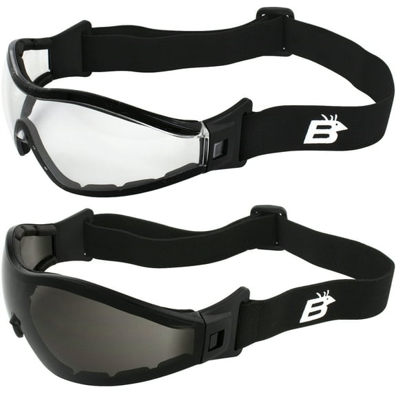Birdz Eyewear Boogie Motorcycle & Skydiving Goggles Z87+ Safety Eye Protection 2 Pairs Padded Black Frame