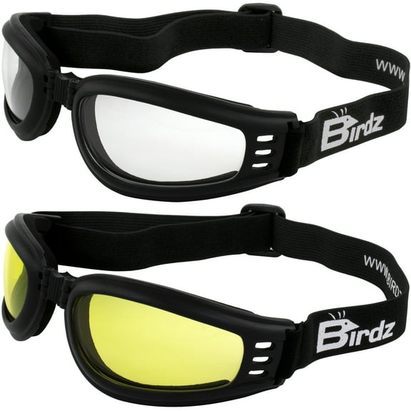 Birdz Eyewear Cardinal Women's Padded Floating Motorcycle Goggles 2 Pairs Black Frames with Clear & Yellow Lenses