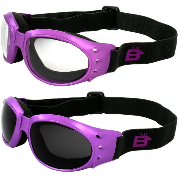 Birdz Eyewear Eagle Padded Womens Motorcycle Goggles 2 Pairs Dirt Bike Goggles Pink Frames with Clear & Smoke Lenses