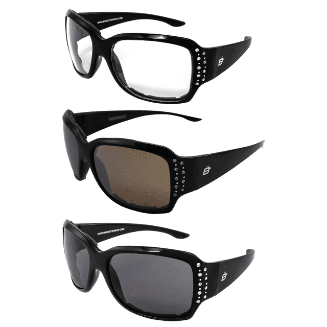 Birdz Eyewear LadyBird Padded Motorcycle Sunglasses Glasses for Women Bling Rhinestone Accents 3 Pairs Black Frame w/Clear Smoke & Driving Mirror Lenses