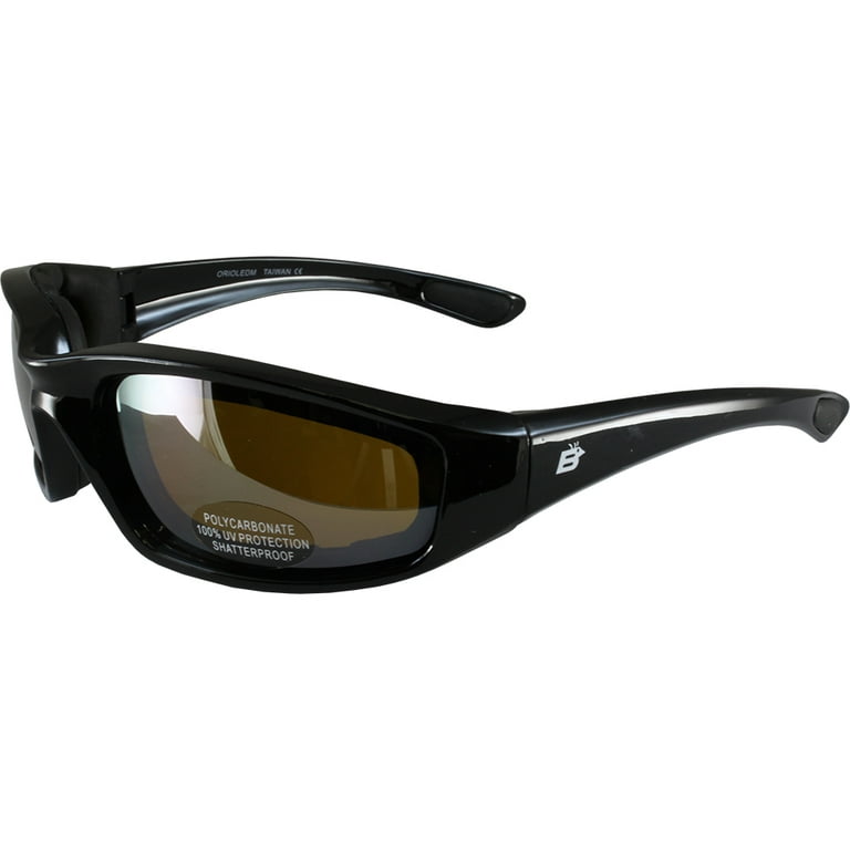 Birdz Eyewear Oriole Padded Motorcycle Riding Sunglasses Black Frames  Driving Mirror Lens