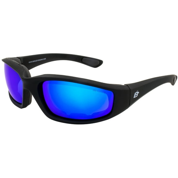 Birdz Eyewear Oriole Padded Motorcycle Riding Sunglasses Gloss Black Frames Blue G-Tech Reflective Lenses