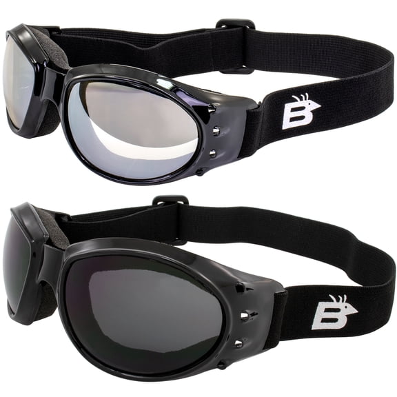 Birdz Eyewear Padded Motorcycle Riding Goggles 2 Pairs Black Frames with Clear Mirror & Smoke Lenses