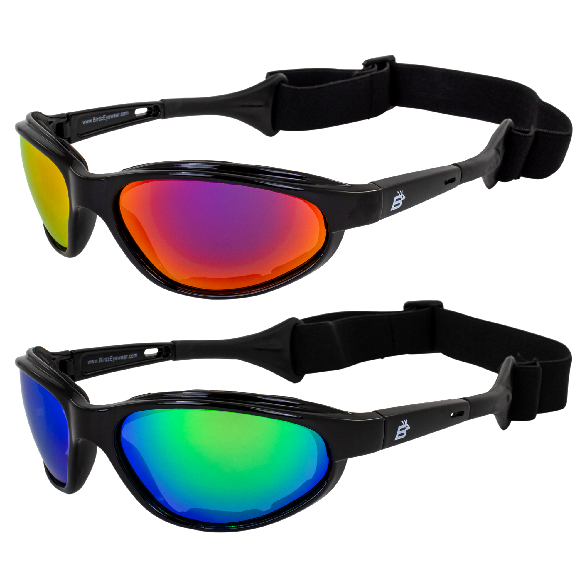 Birdz Eyewear Sail Padded Jetski Sunglasses Goggles Polarized Sports Watersports Boating Fishing for Men or Women 2 Pairs Black Frame w/Red & Green Mirror Lenses - image 1 of 7