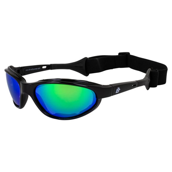 Birdz Eyewear Sail Padded Jetski Sunglasses Goggles Polarized Sports Watersports Boating Fishing for Men or Women Black Frame w/Green Mirror Lens