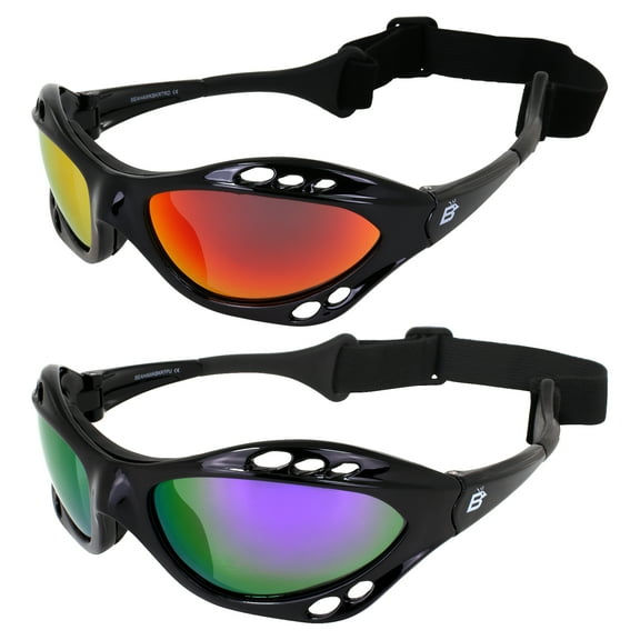 Birdz Eyewear Seahawk Padded Polarized Sunglasses 2 Pairs w/Strap Water Sports Surfing Kayaking Jetski Black w/Red & Purple Mirror Lenses