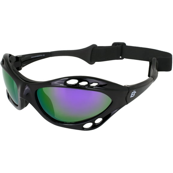Birdz Eyewear Seahawk Water Sports Safety Goggles Jetski Kayaking Jet Ski Watersports Black Frames + Purple ReflecTech Mirror Lenses