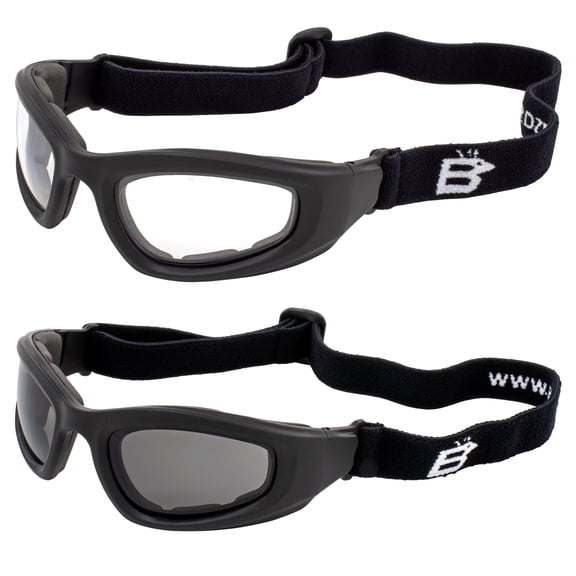 Birdz Eyewear Soar Safety Padded Motorcycle Goggles 2 Pairs Black Frames with Clear & Smoke Lenses