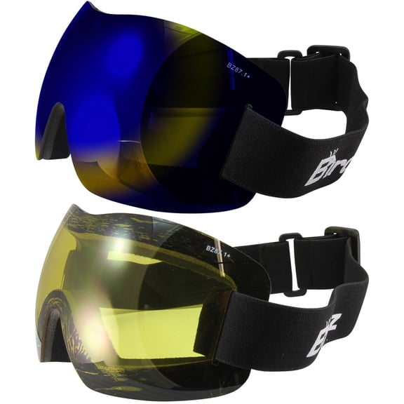Birdz Eyewear Starling Frameless Skydiving Motorcycle Goggles 2 Pairs with Blue Mirror ReflecTech & Yellow Lenses