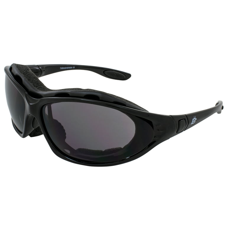 Birdz Eyewear Thrasher Padded Motorcycle Sunglasses For Men & Women  Convertible to Goggles Black Frame w/ Shatterproof & Anti fog Smoke Lenses  