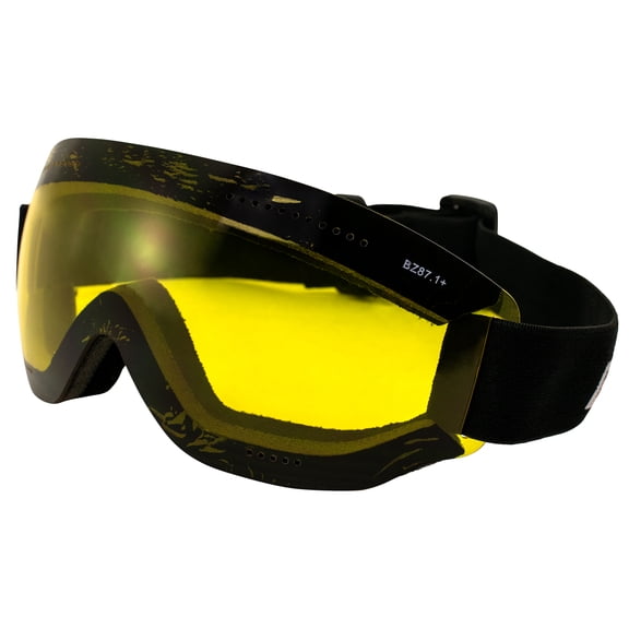Birdz Eyewear Thrush Sport Snowboarding Skydiving Motorcycle Riding Goggles Adjustable Strap Black Frame with Yellow Lens