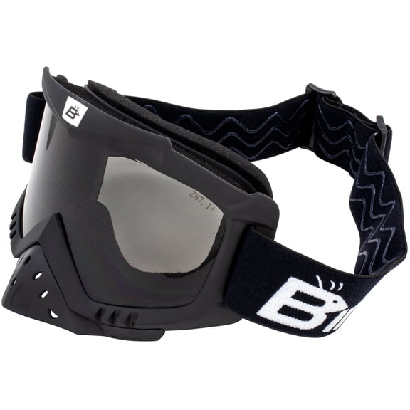 Birdz Eyewear Toucan Motorcycle ATV UTV Motocross Ski Padded Goggles with Detachable Nose Guard Black Frame (Smoke)