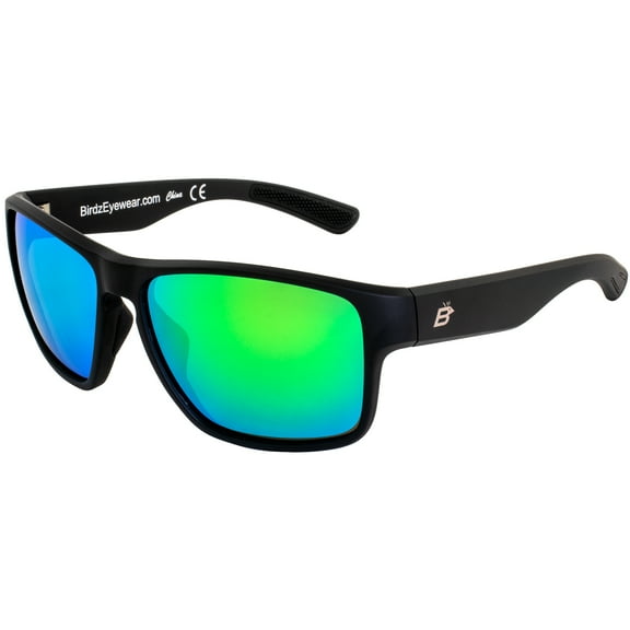 Birdz Glide Sunglasses for Men or Women Scratch Resistant Lens Lightweight Black Square Frame Green Mirror Lens