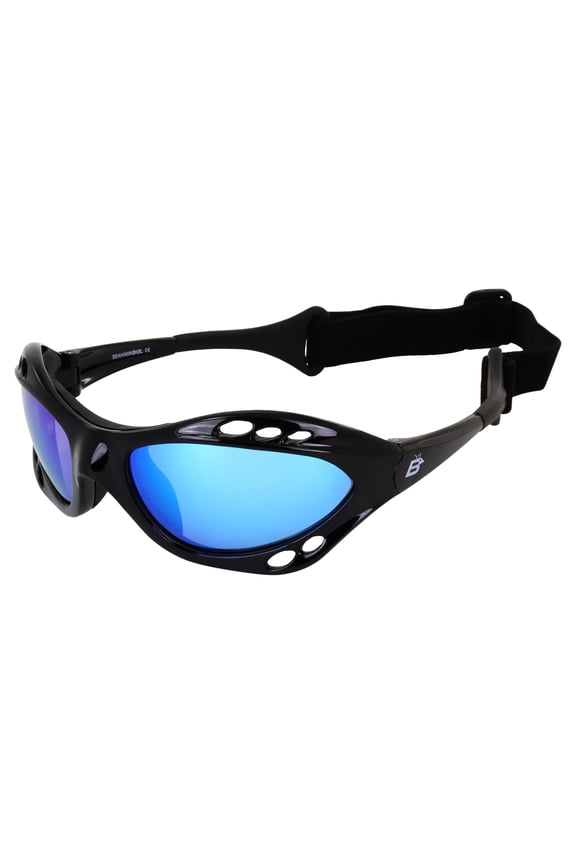 Eyewear Seahawk Padded Polarized Sunglasses Jetski Kayaking Jet Ski Watersports w/ Built in Strap Black Frame with Polarized ReflecTech Green Mirror Lens