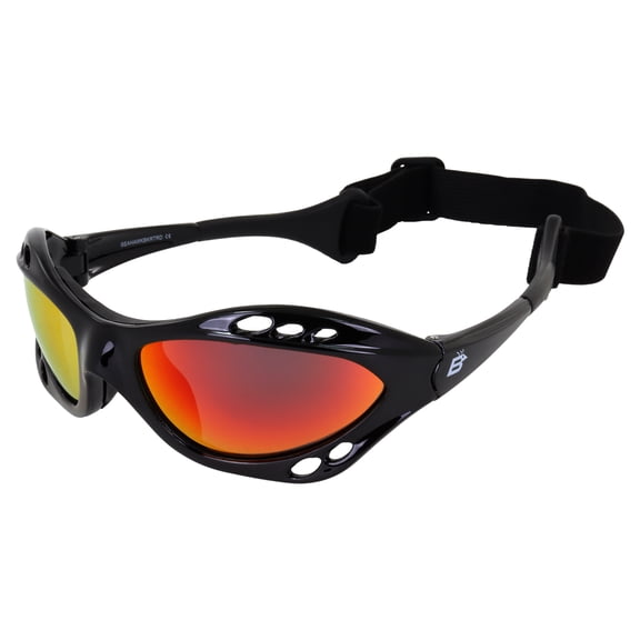 Birdz Eyewear Seahawk Padded Polarized Sunglasses Jetski Kayaking Jet Ski Watersports w/ Built in Strap Black Frame with Polarized ReflecTech Red Mirror Lens