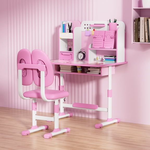 Birinta Children's Study Desk and Chair Set 115×80cm, with Ergonomic Features, Including Sitting Corrector, Book Stand, Foot Pedal, and Partition Design (Pink and Blue, 2-Piece Set)