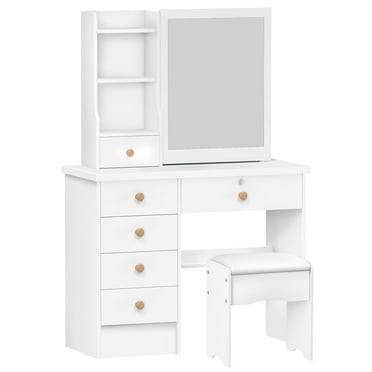 Birinta Vanity Desk with Sliding Mirror, Bedroom Dressing Table, Makeup Desk with 6 Drawers, Open Shelves, Hidden Storage Space, Vanity Table  White, 50×30inch
