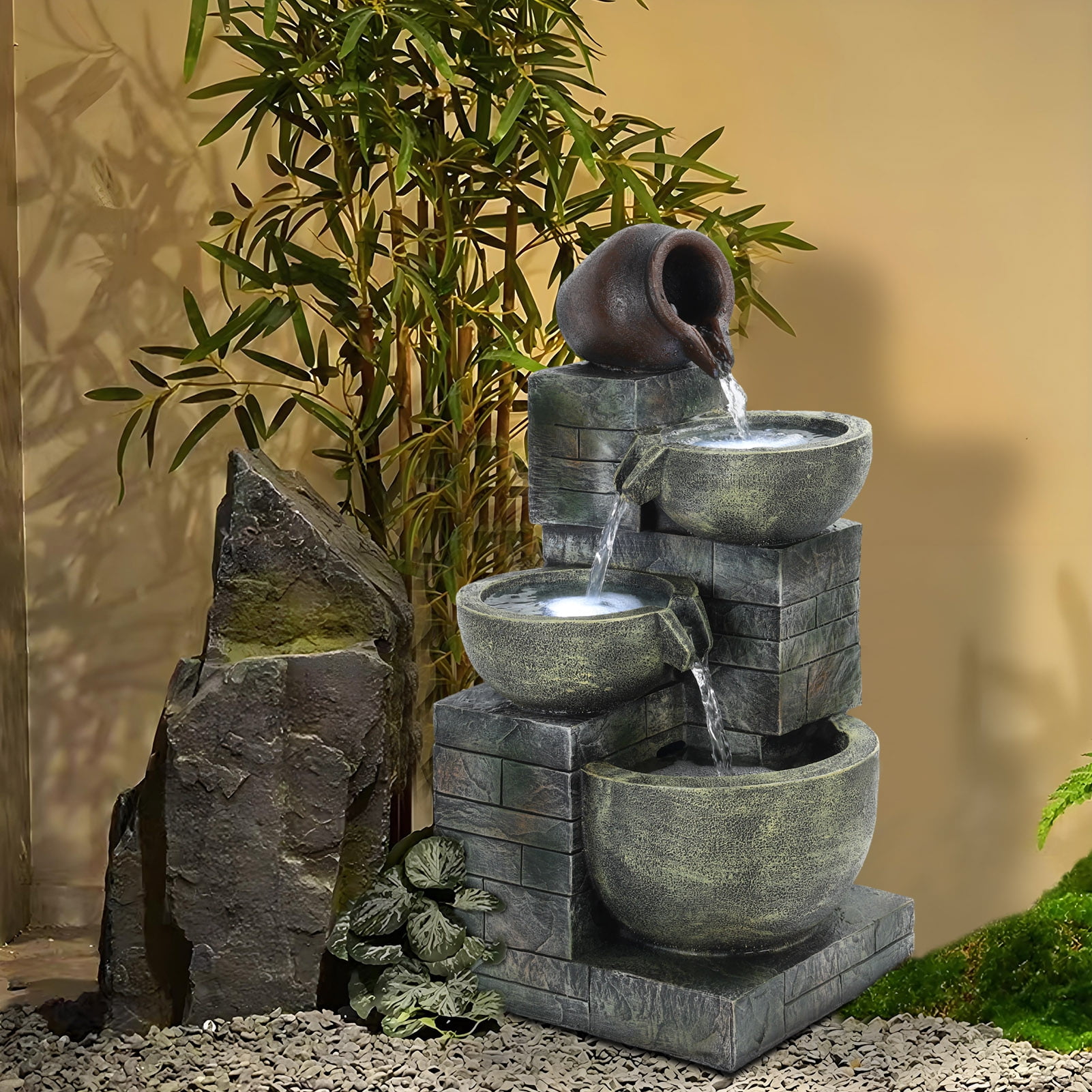 Birinta Zen Garden Fountain 23.6" Tall - 4-Layer Cascading Bowl Fountain with Solar LED for Outdoor Decor (Weatherproof, Low Maintenance)