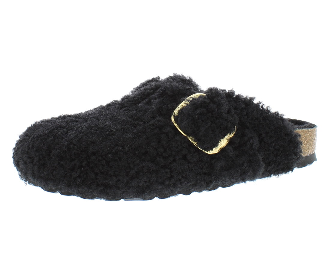 Birkenstock Boston Big Buckle Teddy Rivet logo OS Shearling Fur Narrow Unisex Shoes Size 5, Color: Black/Gold