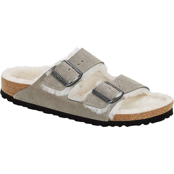 Birkenstock Women's Arizona Shearling Sandals, Stone Coin/Natural, Grey, 8 Medium US