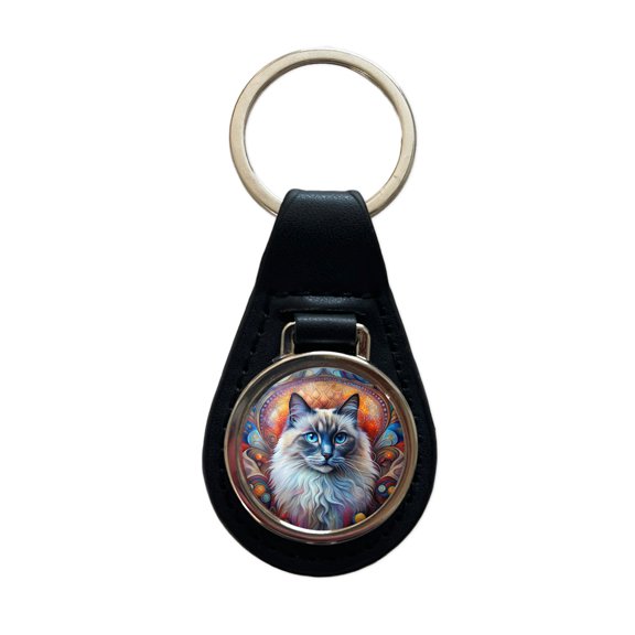 Birman Cat Abstract Art Metal Black Leather Keychain