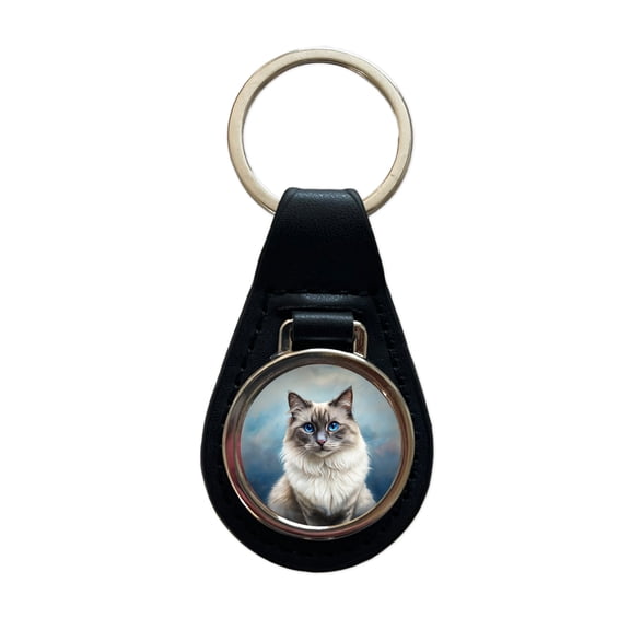 Birman Cat Illustration Metal Black Leather Keychain