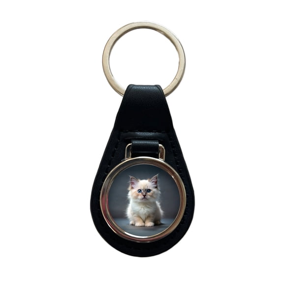 Birman Cat Kitten Photo Metal Black Leather Keychain
