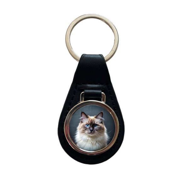Birman Cat Photo Metal Black Leather Keychain
