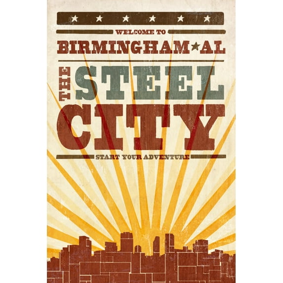 Birmingham, Alabama, Skyline and Sunburst Screenprint Style (9x12 Wall Art Print, Home Decor)