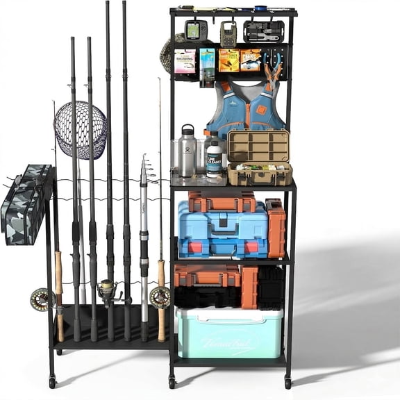 Birodeko Rolling Fishing Rod Holder Cart, Holds Up to 14 Rods, Fishing Gear Organizer with Pegboard and Hooks for Garage