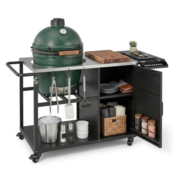 Birodeko Heavy Duty Iron Grill Table for Large Big Green Egg, Rolling BBQ Cart with Storage Cabinet & Tool Hooks