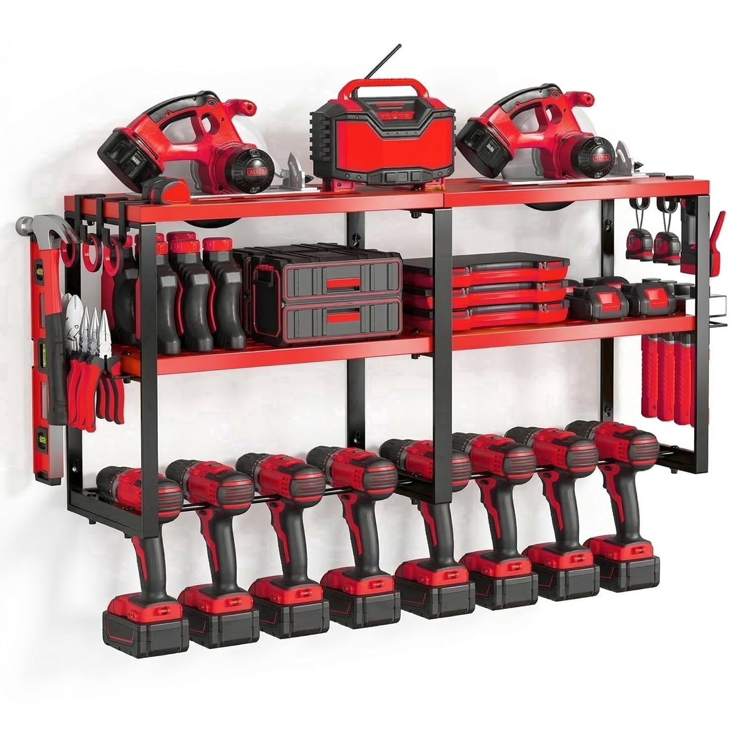 Birodeko Power Tool Organizer Wall Mount, 3-Layer Heavy Duty Garage Storage Rack with 8 Drill Holder Slots & Side Hooks (Red)