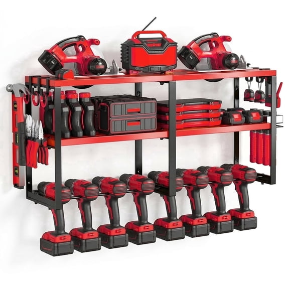 Birodeko Power Tool Organizer Wall Mount, 3-Layer Heavy Duty Garage Storage Rack with 8 Drill Holder Slots & Side Hooks (Red)