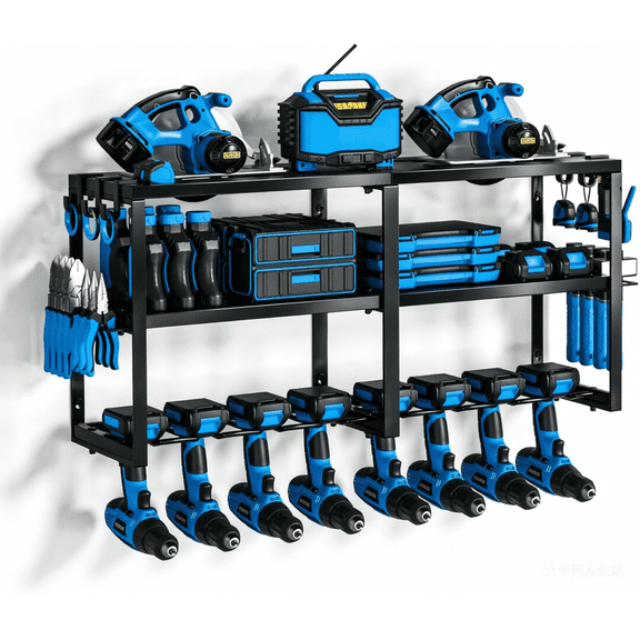 Birodeko Wall-Mounted Power Tool Organizer, Heavy Duty, 500 lbs Capacity, 8 Drill Holder for Garage & Workshop (Black)