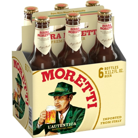 Birra Moretti Lager Beer, 6 Pack, 11.2 fl oz, Shelf Stable, Glass Bottles, Imported from Italy, New