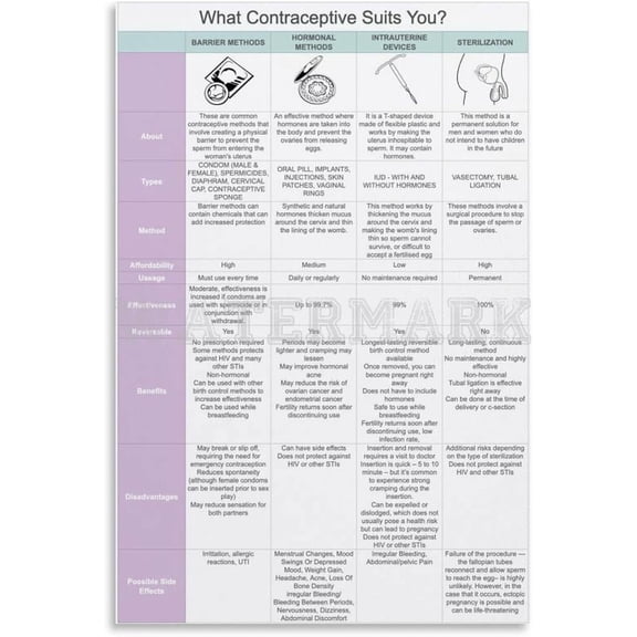 Birth Control Methods Poster Healthcare Educational Poster Art Plaques, Pubs, Cafe, Accessories
