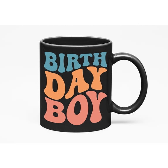 Birth Day Boy, Birthday Party Themed, Groovy Retro Wavy Text Merch Gift, Black 11oz Ceramic Mug