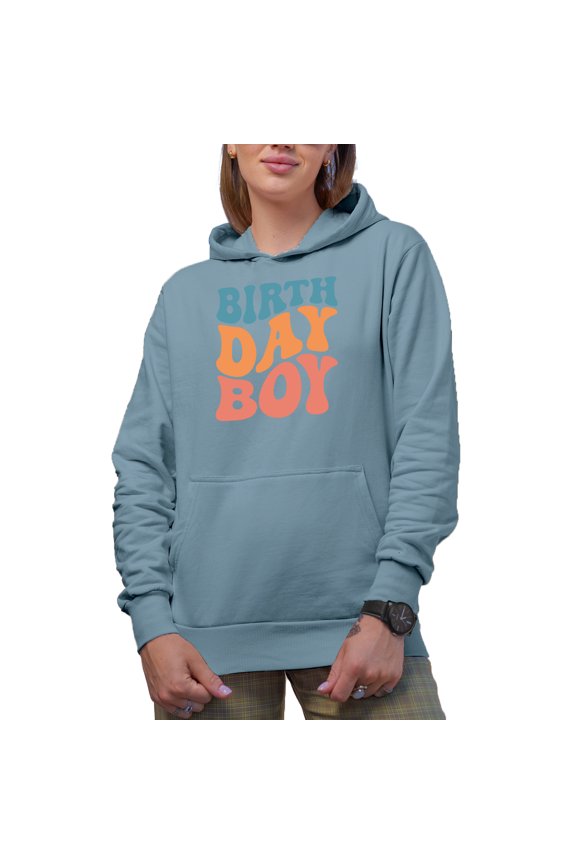 Birth Day Boy, Birthday Themed, Groovy Retro Wavy Text Merch Gift, Light Blue Hooded Sweatshirt or Hoodie, XL