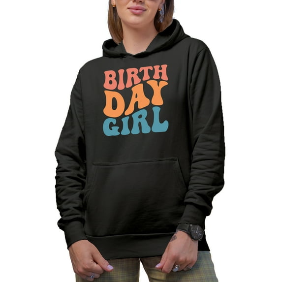 Birth Day Girl, Birthday Party Themed, Groovy Retro Wavy Text Merch Gift, Black Hooded Sweatshirt or Hoodie, 3XL