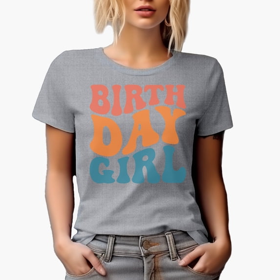 Birth Day Girl, Birthday Themed, Groovy Retro Wavy Text Merch Gift, Heather Grey T-Shirt, XL