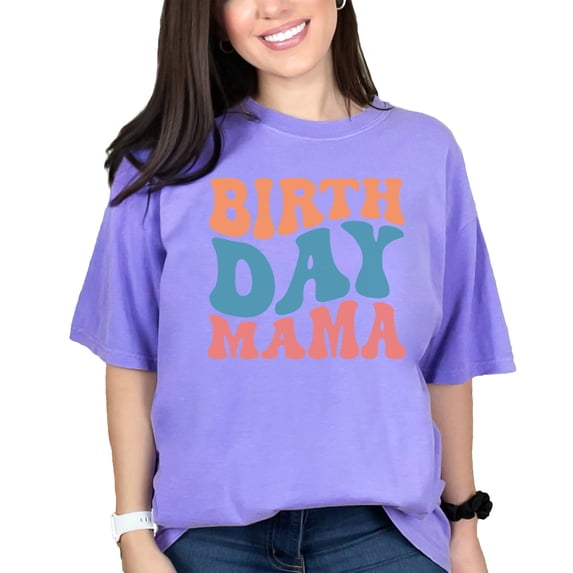 Birth Day Mama, Mom's Birthday Party Themed, Groovy Retro Wavy Text, Violet Comfort Colors T-Shirt, 3XL