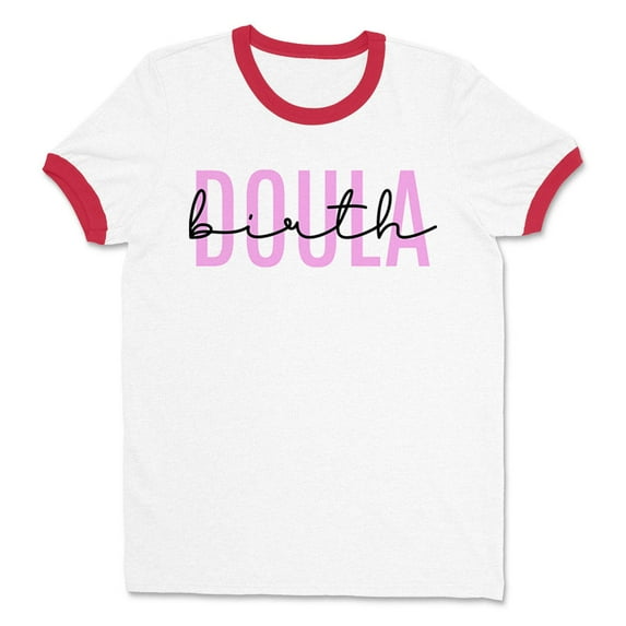 Birth Doula Ringer Tee Shirt Unisex Large White/Red