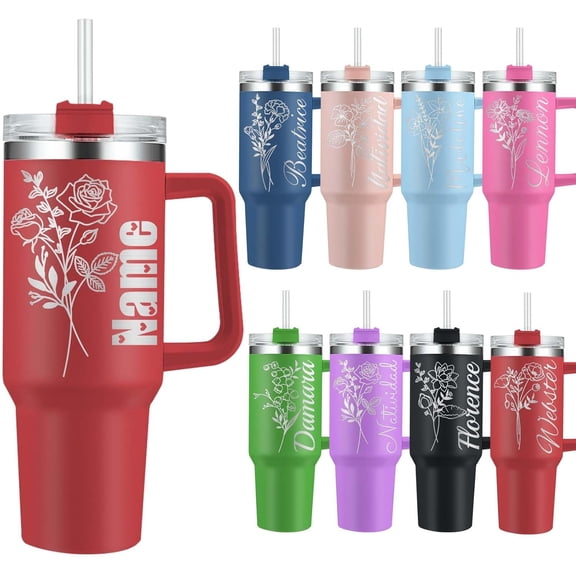 Birth Flower 40oz Tumbler with Handle Personalized Cup Custom Name Tumblers Birthday Quinceaera Bridesmaid Christmas Gifts Engraved Insulated Red Travel Coffee Mug for Women Mom Wife Girlfriend