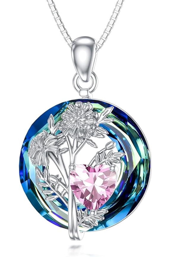 Birth Flower Birthstone Necklace 925 Sterling Silver 12 Birth Month Floral Crystal Pendant Birthstone Necklaces Birth Month Flower Jewelry Birthday Gift for Women