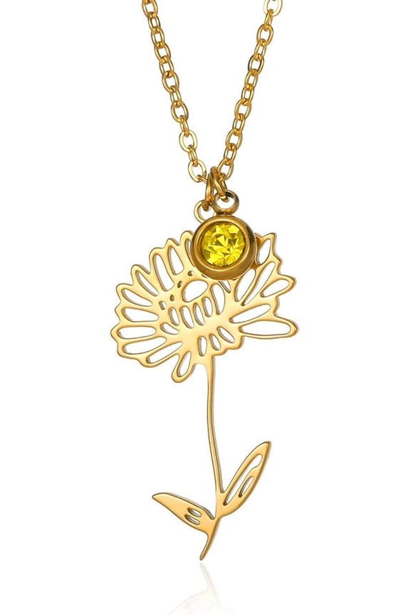 Birth Flower Birthstone Necklaces For Women - 18K Gold Plated Stainless Steel 14.96+2.76Inch Personalized Floral Birth Month Crystal Pendant Choker Jewelry Accessories Gifts[Z4194]