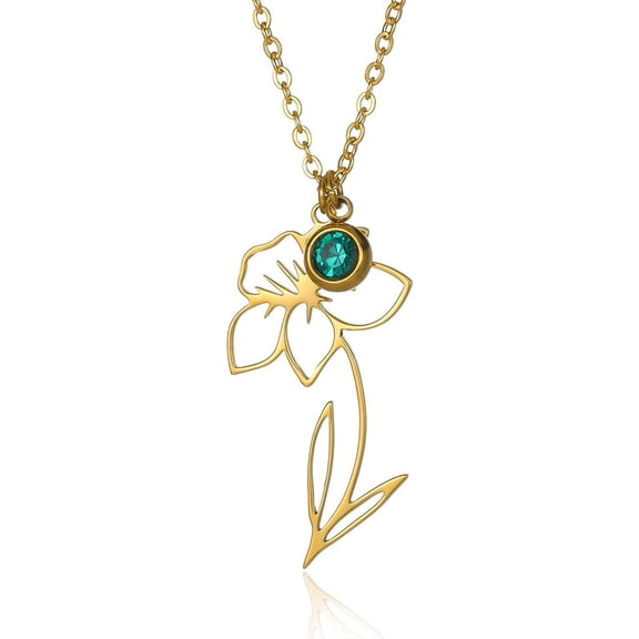 Birth Flower Birthstone Necklaces For Women - 18K Gold Plated Stainless Steel 14.96+2.76Inch Personalized Floral Birth Month Crystal Pendant Choker Jewelry Accessories Gifts[Z4202]