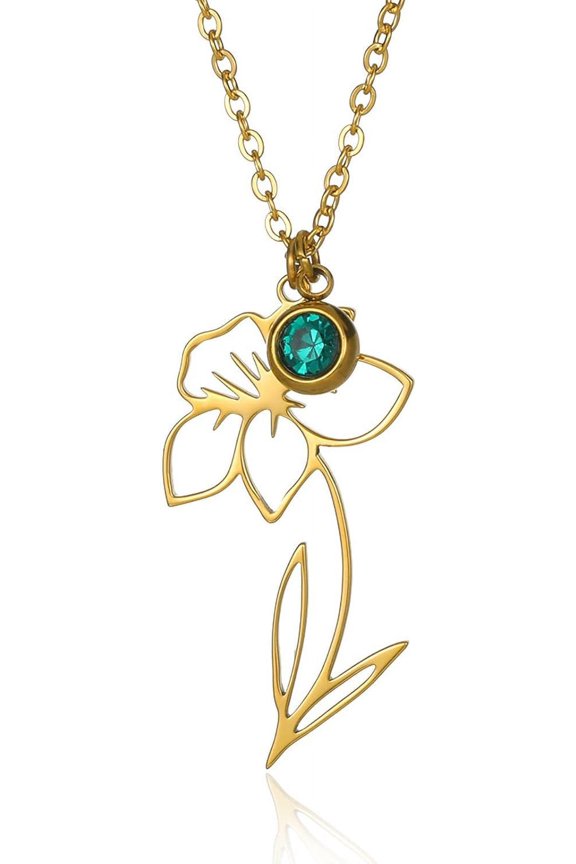 Birth Flower Birthstone Necklaces For Women - 18K Gold Plated Stainless Steel 14.96+2.76Inch Personalized Floral Birth Month Crystal Pendant Choker Jewelry Accessories Gifts[Z4202]