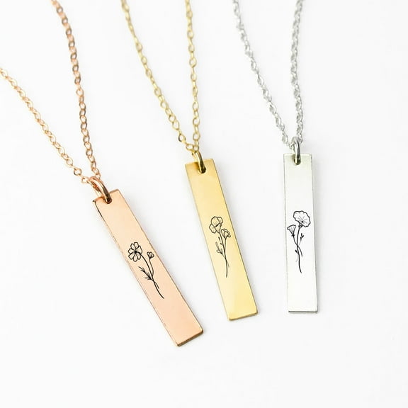 Birth Flower Engraved Necklace – Custom Rose Gold Birthflower Necklace with Zodiac Birth Month Flower – Personalized Birthday Gift for Women, Unique Jewelry Gift for Her, Gifts for Mom