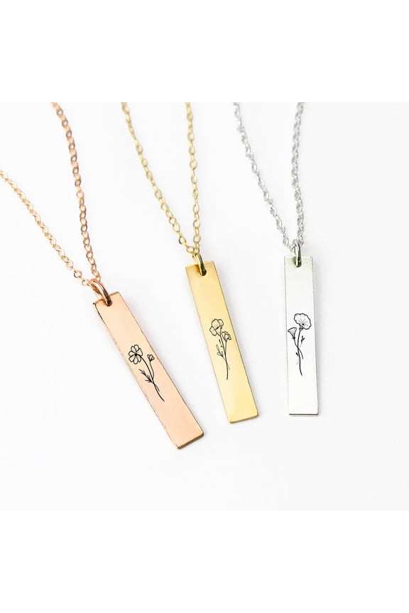 Birth Flower Engraved Necklace – Custom Rose Gold Birthflower Necklace with Zodiac Birth Month Flower – Personalized Birthday Gift for Women, Unique Jewelry Gift for Her, Gifts for Mom